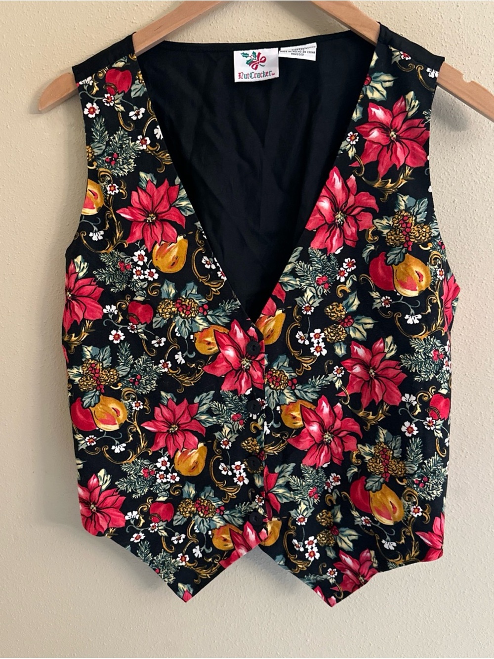 NutCracker Holiday Vest Medium Black Red Poinsettia‎ Christmas Festive Party